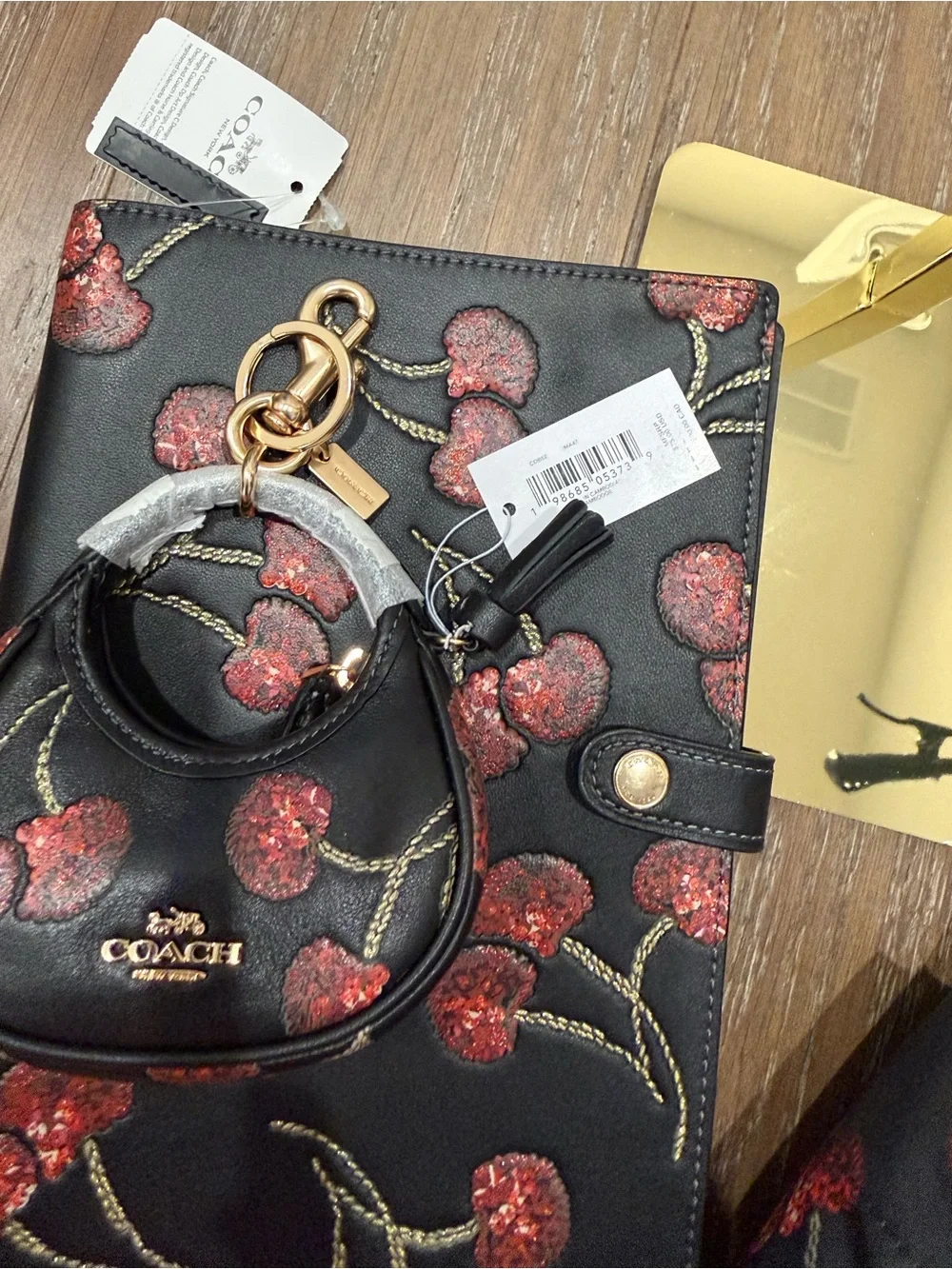 Coach Black Cherry Leather Notebooks, Umbrella, Mini Purse Key Ring Set